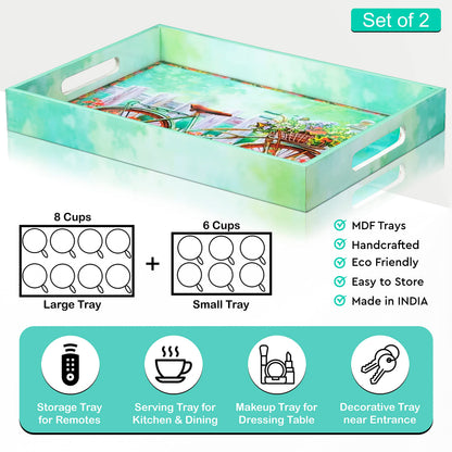 Crocon Wooden Serving Tray with Handles – Set of 2 Rectangular Trays – Cycle Print Decorative Trays for Coffee Table, Kitchen, and Home Décor