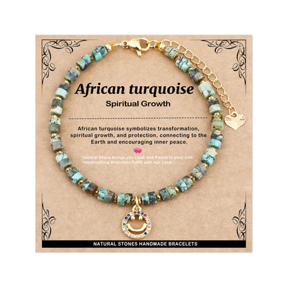 Natural Gemstone Healing Crystal African Turquoise Dainty Charms Happy face Bracelet Adjustable Chain Extender Minimalist Jewelry