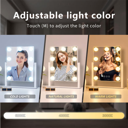 Acoolda Vanity Mirror with Lights, Hollywood Vanity Makeup Mirror with 9 Dimmable LED Bulbs, 3 Color Lighting Modes, Detachable 10X Magnification, 360°Rotation,White