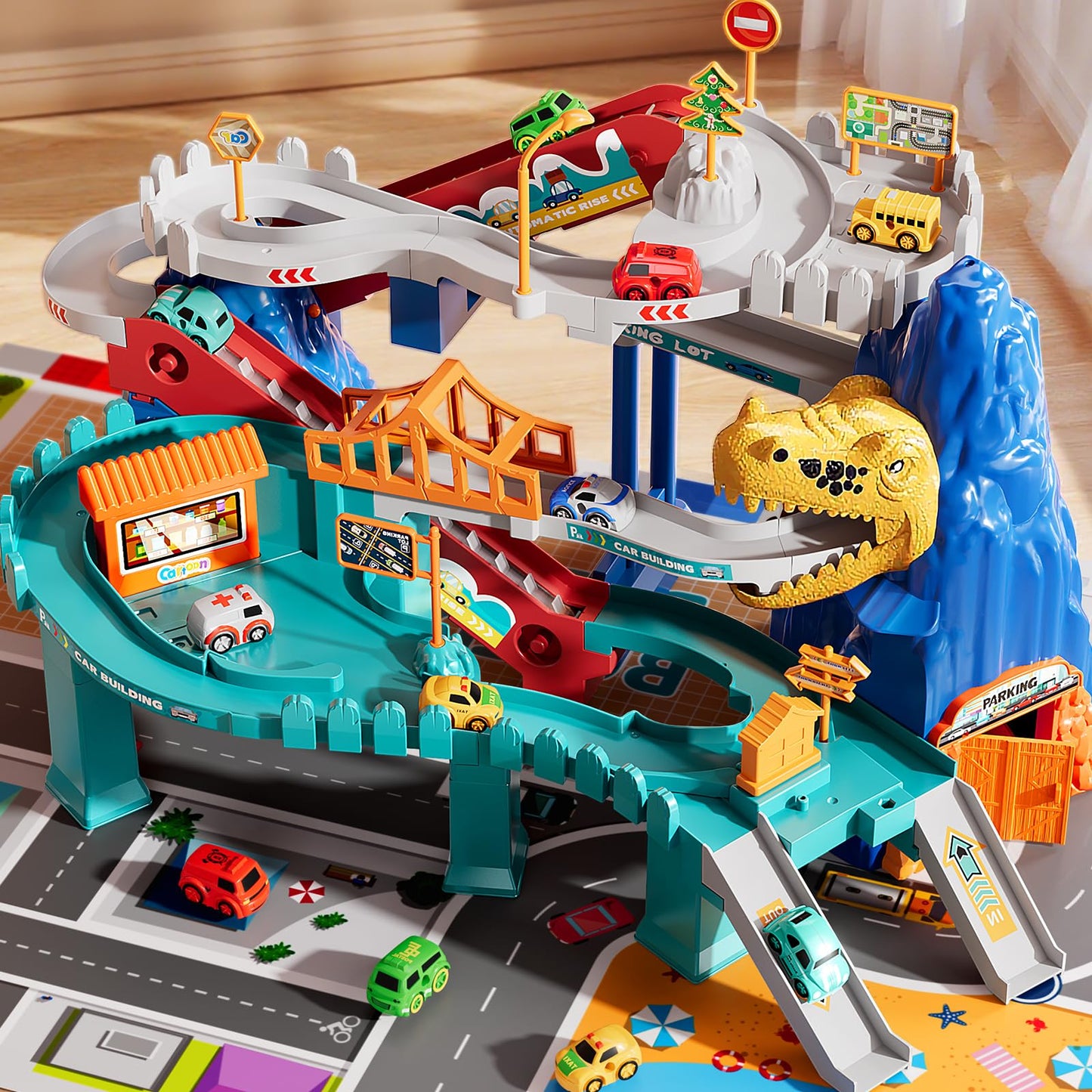 MSKOLER Dinosaur Race Car Tracks for Toddlers 2-4 Years, Dinosaur Climbing Hills Railcar, Toy Car Track Play Set with 7 Small Race Cars, Preschool Birthday Gifts for 3 4 5 6 7 8 Year Old Boys Girls