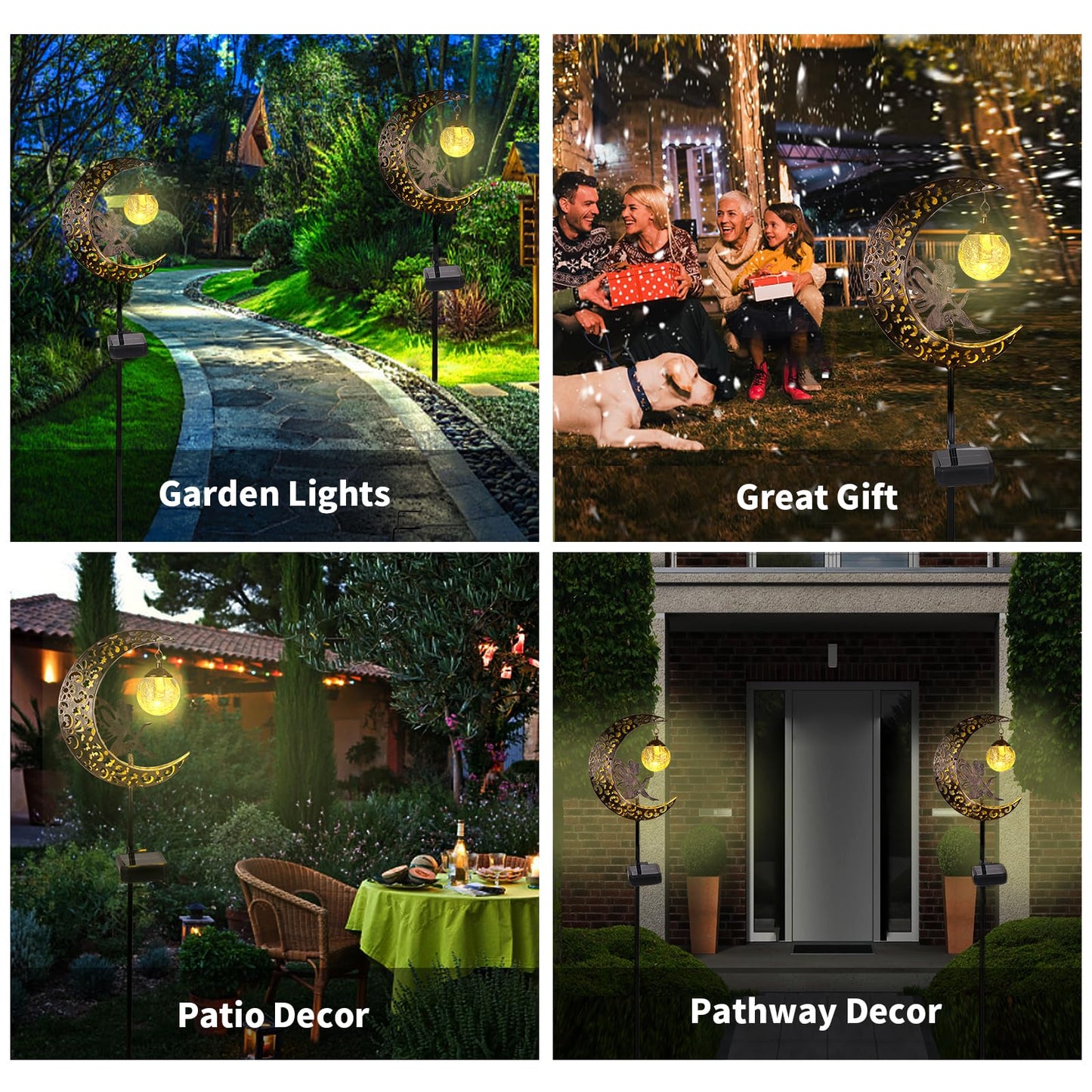 Solar Garden Lights Outdoor Decor,Moon Fairy Crackle Glass Lights,Waterproof Warm White LED Metal Stake Ornament,for Walkway Backyard Patio Lawn Pathway Decorations-Unique Gift Ideas for Gardening