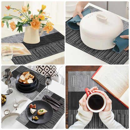 Niviy Black Placemats Set of 4, 12x18 Inch Washable Easy to Clean Heat-Resistant Anti-Skid Indoor Outdoor Table Mats for Holiday Party Kitchen Dining Room Decoration
