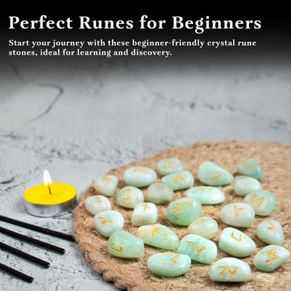 Crocon Amazonite Rune Stones Sets for Beginners with Elder Futhark Alphabets for Healing Chakra Crystals Reiki feng Shui Gemstone Runes Set Size: 15-20 mm with a Pouch & Rune brochure