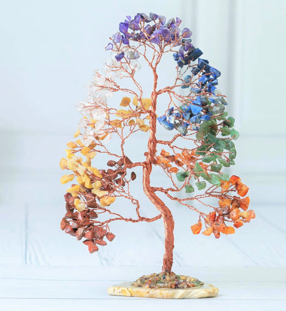 Crocon® 7 Chakra Tree of Life Spiritual Wisdom, Agate Slice Base, Handmade Crystal Tree for Positive Energy, Creativity, Seven Chakra Healing Stone, Attract Good Luck & Charm, Feng Shui Decor, Gifts