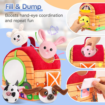HuToYii Baby Toys 6-12 Months, Plush Barn with Stuffed Farm Animals, Sensory Rattle, Mirror, Crinkle, Montessori Toys for 6 Month Old Babies for Infant & Toddler 1-3 Boy and Girls