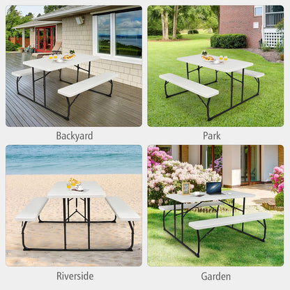 renatone Folding Picnic Table and Bench Set w/Wood Grain for Adults, Indoor & Outdoor Steel Frame Collapsible Camping Table for BBQ, Parties, Camping and Picnic (White)