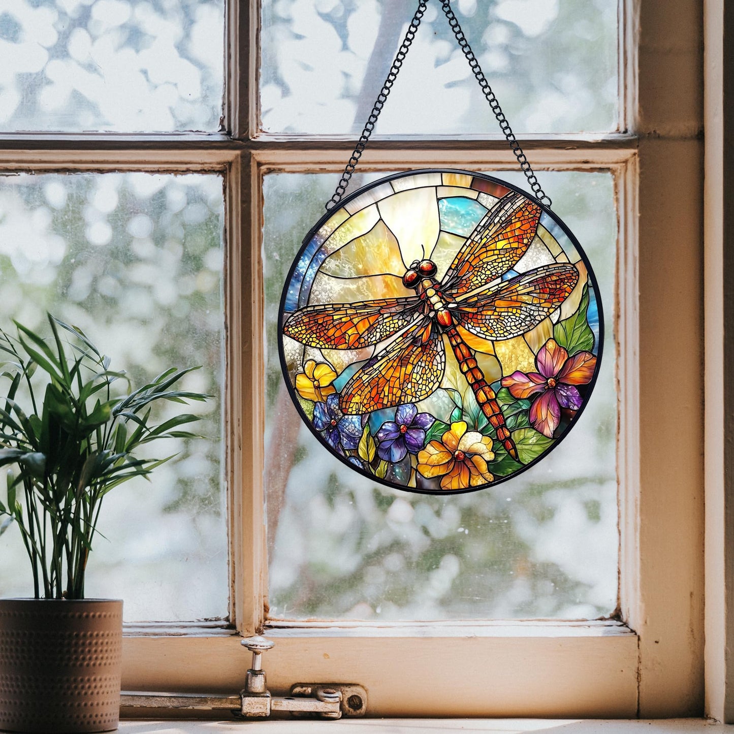 Yjeslw Dragonfly Flower Stained Glass Window Hanging Suncatchers, Dragonfly Sun Catchers Indoor Window Glass Wall Art Decor, Nature Insect Floral Wall Hanging Decorations Sculptures, 7.9x7.9in