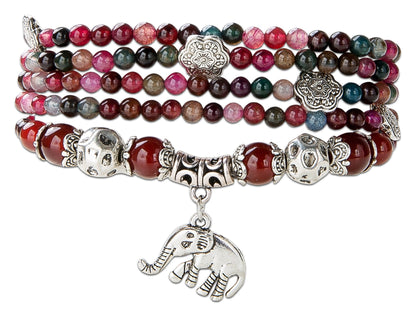 SPUNKYsoul Good Luck Elephant Natural Garnet & Agate Stretch Wrap Bracelet Mala Collection