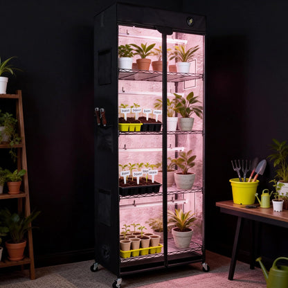 WORTH Mini Greenhouse with 18W T8 Grow Lights & Thermo-Hygrometer 27"x15"x70" Smart Indoor Grow Tent with Black Oxford Fabric Cover Plant Stand with Casters & Ventilation Flaps for Seed Starting