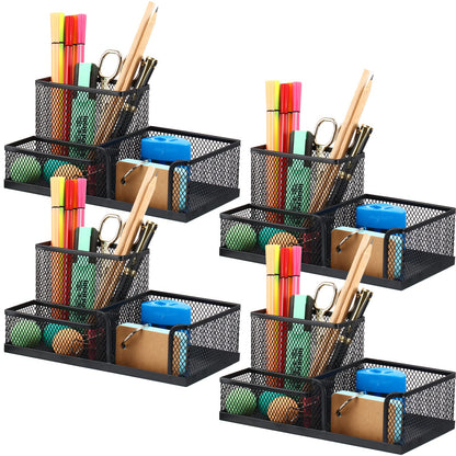 Ferraycle 4 Pcs Mesh Desk Organizer 3 Compartments Mesh Pen Holder Sticky Notes Pencil Holder Metal Caddy Desk Pen Organizer for Desktop Accessories Storage Baskets Home Office School(Black)