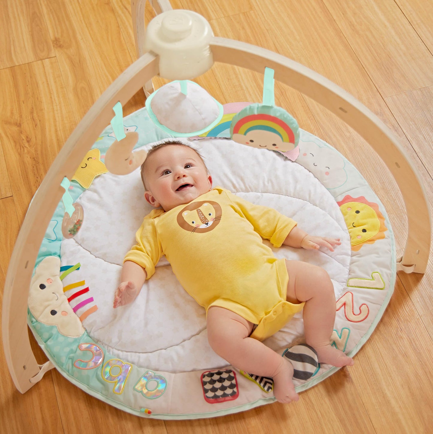 B. toys – Wooden Baby Gym & Soft Play Mat with 5 Hanging Sensory Toys for Newborns – Sunrise to Sunset Design – Tummy Time & Motor Skills – for Babies 0+ Months
