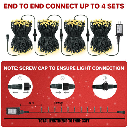FairyGlim Christmas Lights Outdoor 100LED 33FT, Green Wire Connectable Christmas String Lights | 8 Modes Twinkle Fairy Lights Plug in with Timer, for Indoor Outside Xmas Trees Garden Party, Warm White