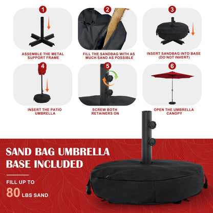 Sundale Outdoor Olefin 5-Year-Non-Fading Solar 104 LED 11FT Solar Patio Umbrella with Sand Bag Base, Outdoor Umbrella with Tilt and Crank, Red