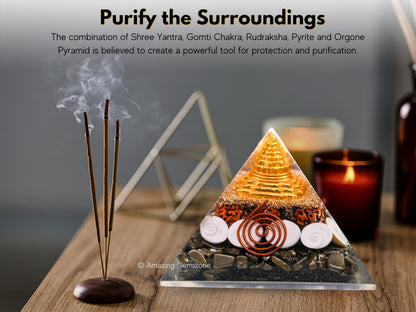 Amazing Gemstone Orgone Pyramid for Money Magnet Pyrite Crystals with Rudraksha, Gomati Chakra, Shree Yantra - Authentic Orgonite & Organite Gifts to Atrract Money Wealth Pooja, Financial Growth