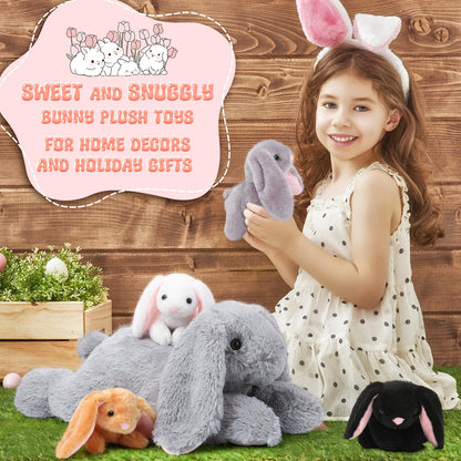 Sratte 5 Pcs Bunny Stuffed Animal Set Large Mommy Bunny Plush with 4 Cute Stuffed Baby Rabbit in Her Belly Soft Cuddly Rabbit Plush Gift for Birthday Baby Shower Party Favor(Gray,Lying Style)