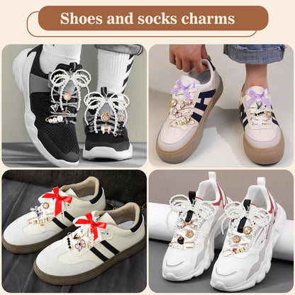 RQAYE 50pcs Shoe Charms for Sneakers & Accessories - DIY Shoe Lace Pearl Rhinestone Brooches and Pins for Women,Junk Socks Charms Kit and Satin Cute Shoelace Accessories