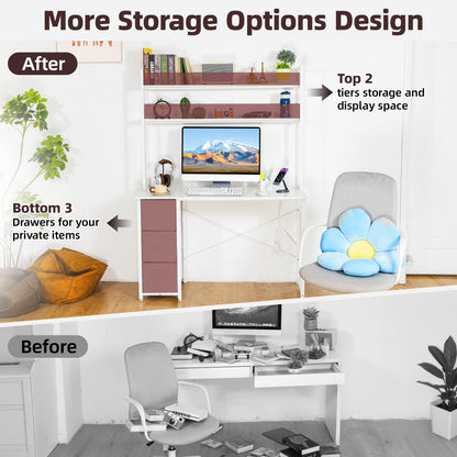 Aquzee Computer Desk with Drawers, 47 inch Desk Hutch, Gaming Desk with Storage Shelves, Power Outlets & Bookshelves, Study Writing Desks for Bedroom Living Room Home Office, White