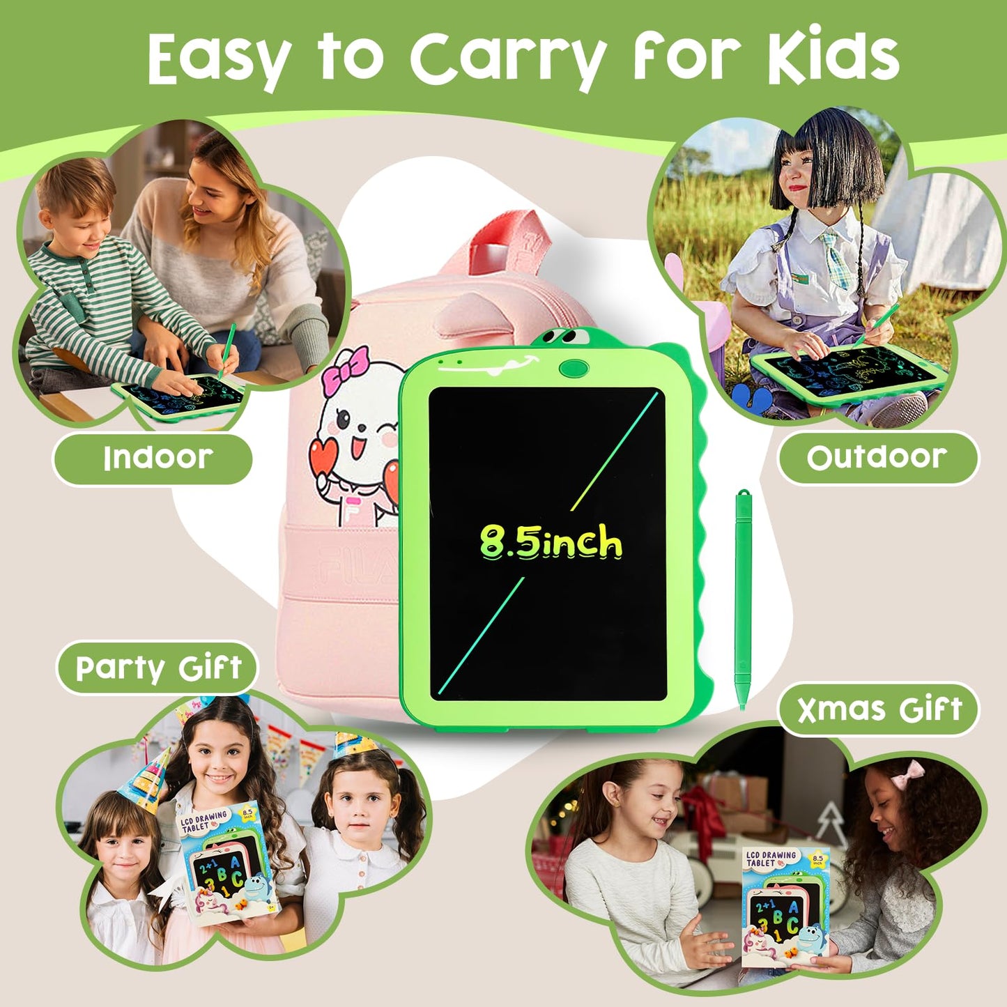 Teriph LCD Writing Tablet for Kids, Colorful Toddlers Toys Drawing Board, Educational Kid Toys, Doodle Pad Dinosaur Toy for 3 4 5 6 7 8 Year Old Boys Girls Birthday Party Xmas,8.5inch & Green