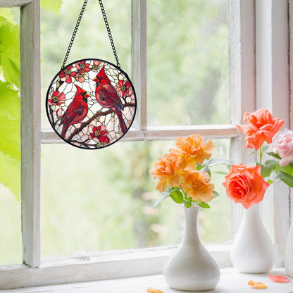 FUGWN Cardinal Bird Stained Glass Window Hanging, Red Cardinal Flower Sun Catchers Indoor Window Round Glass Wall Art Decor, Bird Suncatcher Wall Hanging Decorations, Gardening & Lawn Care