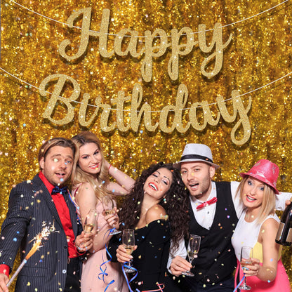 JHZMCRX Glitter Happy Birthday Banner Sign Birthday Garland Wall Door Banners Flag for Women Men Boys Girls Party Backdrop Decorations Gold