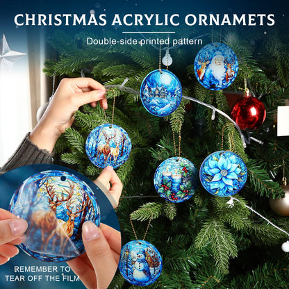 Vercraft 6 Pcs Winter Hanging Ornament Snowman Glass Style Christmas Tree Decoration Xmas Round Window Hanging Art Santa Claus Acrylic Ornament Deer Christmas Decorations
