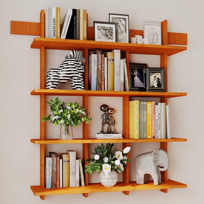 Raykion Bookshelf 4 Tier Wall Mounted Display Shelf, Space-Saving Floating Bamboo Bookcase Heavy Duty 600lbs, Storage Organizer for Living Room Bedroom Office, 43" W x 52" H