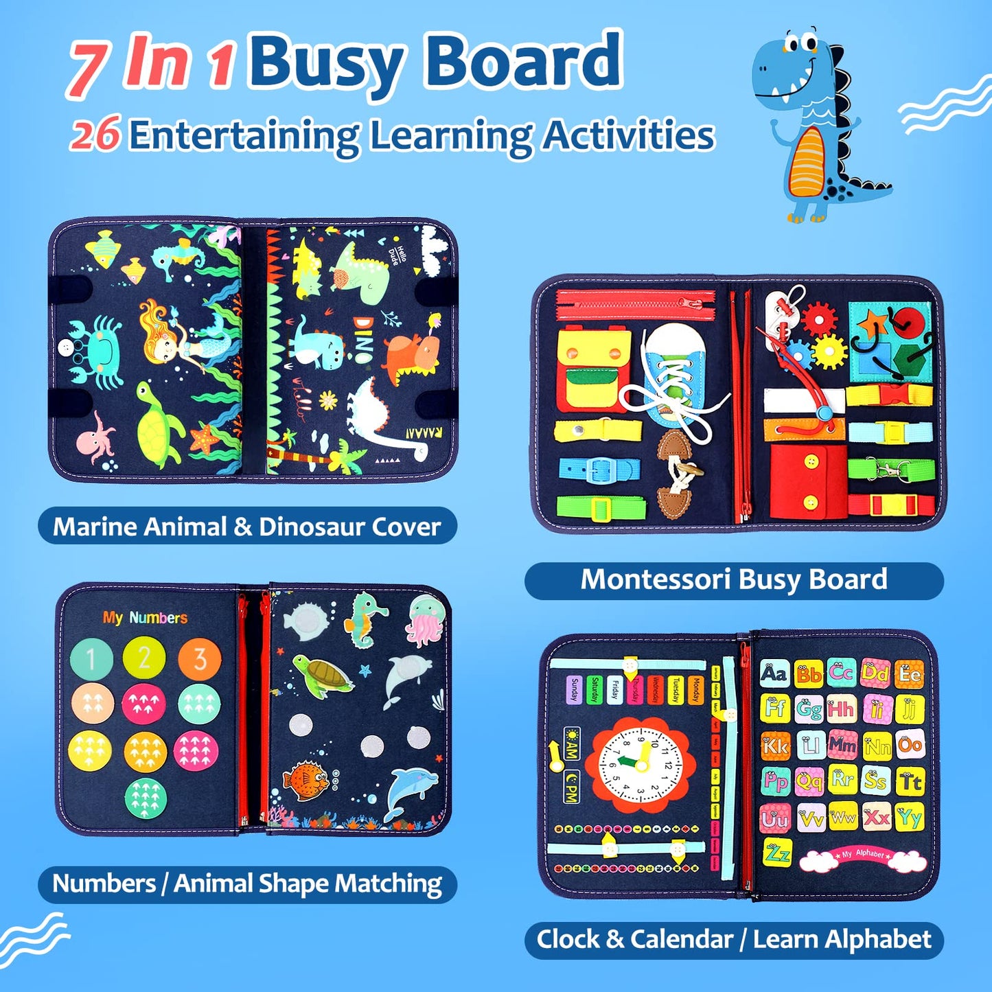 Qizfun Montessori Busy Board & Busy Book for Toddlers – Sensory & Learning Toy That Keeps Kids Busy, Travel Toy for Airplane & Car, Screen for Boys & Girls (Blue/P4)