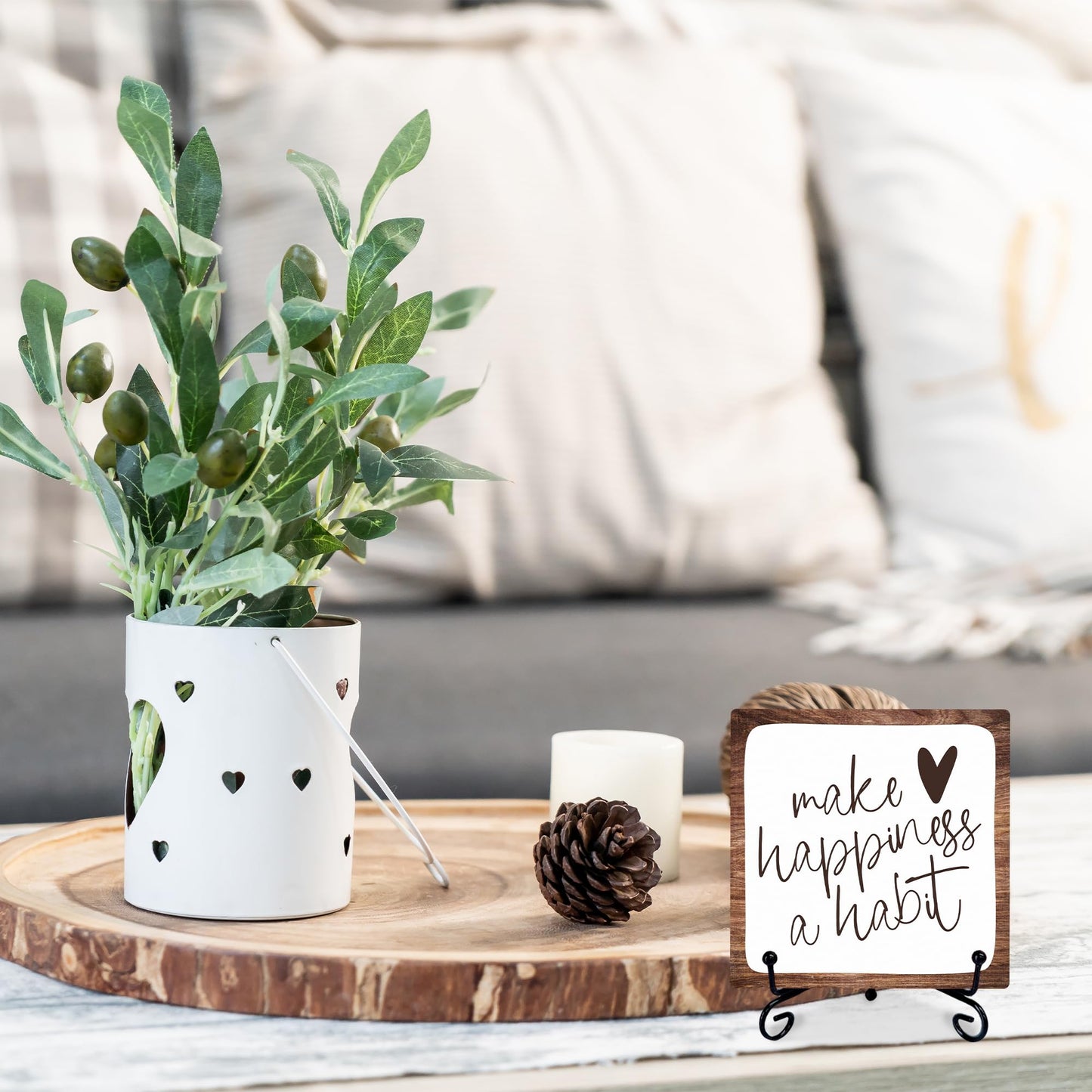 6" Inspirational Wood Decor Make Happiness A Habit Wooden Plaque Signs With 1 Metal Support Rustic Motivational Desk Décor For Home Office Bedroom Table Décor And Accessories - B02
