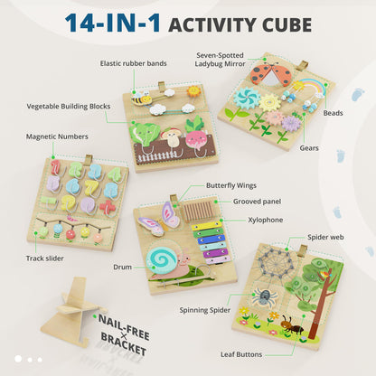 BlueWood Wooden Busy Board for Toddlers, 14-in-1 Montessori Philosophy Educational Toy, Activity Center Made from Basswood, No Drilling, Easy to Carry & Store