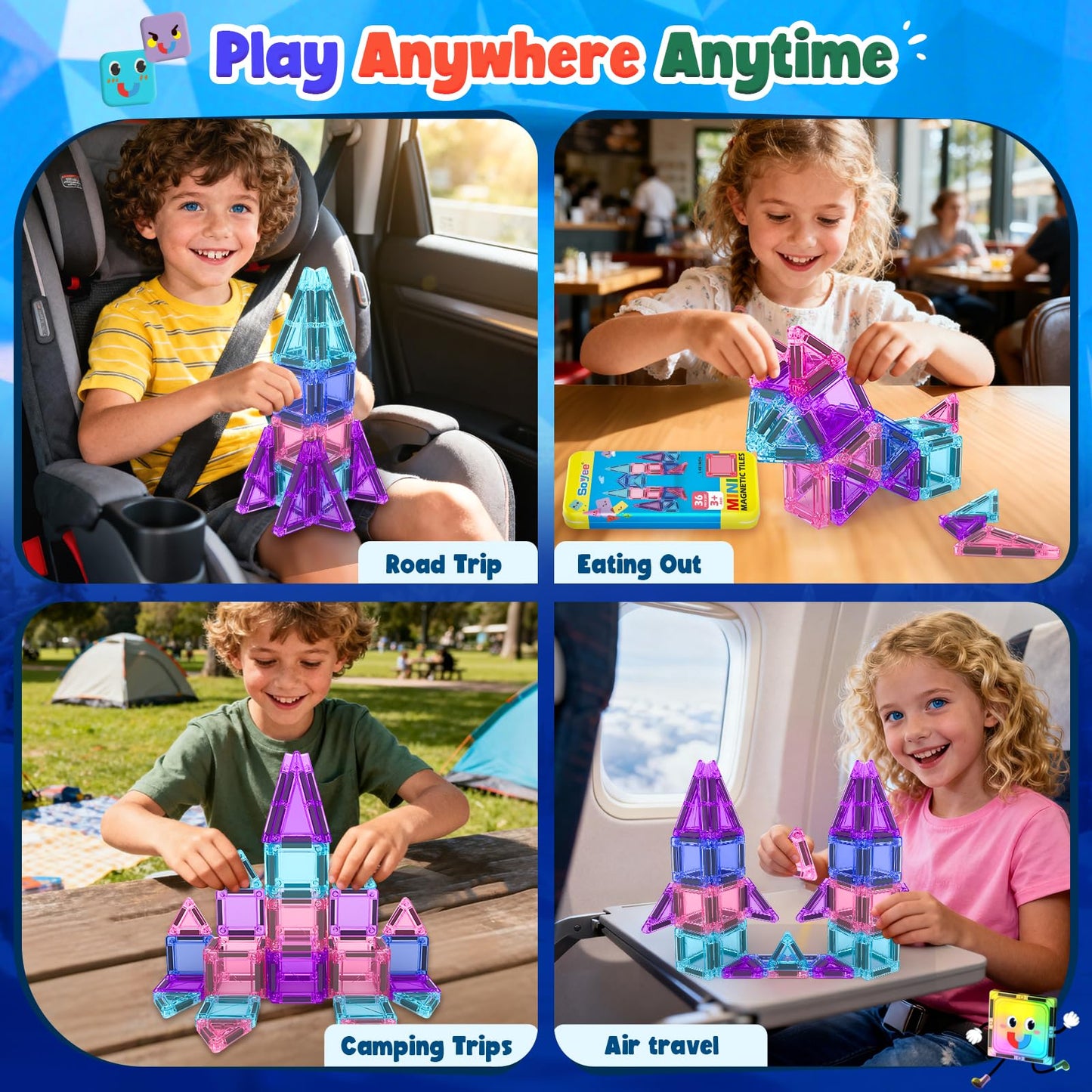 Soyee Magnetic Tiles Toddler Toys Travel Essential Games Magnet Building Blocks STEM Sensory Educational Toys for 3 4 5 6 7 8+ Year Old Boys Girls Christmas Birthday Gifts