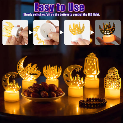 CUweipeng Ramadan Mini Lantern Lights Decoration - 6 Pcs Gold Moon Castle Lighthouse Eid Mubarak Lamp Plastic LED Night Light for Eid Ramadan Party Home Indoor Outdoor Bedroom Tabletop Decoration