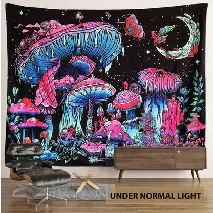 TUGCAY Blacklight Mushroom Tapestry, Glow In The Dark Tapestry Black Light Plant Fantasy UV Reactive Mushroom Butterfly Moon Tapestries Posters Wall Hanging for Bedroom Dorm Decor(50"x60")