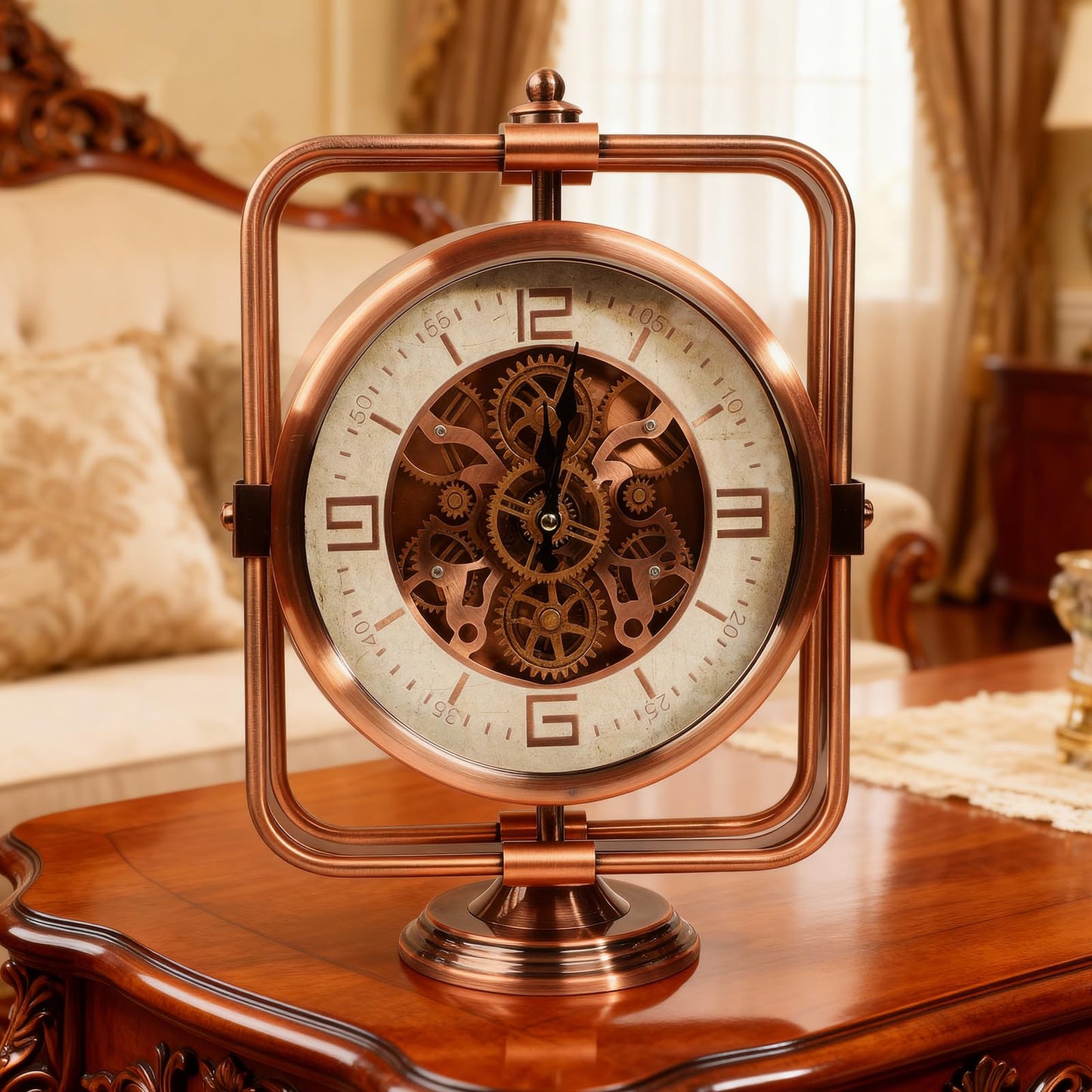 DORBOKER Moving Gears Desk Clock, Mantle Clock, Industrial Steampunk Art Decorative Clocks for Living Room Farmhouse Offcie, Christams Gifts Ideas for Father Boss Senior Friend (11inch-Red Copper)