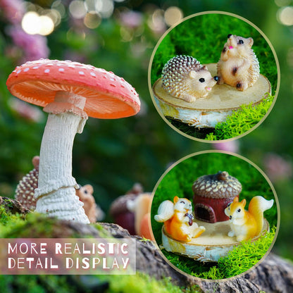 Delighture Fairy Garden Accessories, 7 Pieces Squirrel & Hedgehog Resin Figures with Acorn & Mushroom, Handmade Miniature Decor, Garden Miniatures and Home Decorations, Perfect DIY Gift