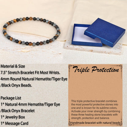 LPBeads Handmade Natural Gemstone Stretch Elastic 4mm Onyx Tiger Hematite Mixed Stone Bracelet Healing Crystal Round Stone Beads Jewelry Gifts for Women Men