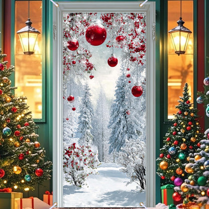 Nuxovilar Snow Scene Door Cover with Red Accents Background Winter Xmas Holiday Wonderland Decorations Party Supplies Hanging Banner for Home, Office, Indoor & Outdoor Use (35x71 Inches)