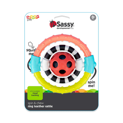 Sassy Spin and Chew Flex Ring Rattle with Dual Action Spinners, for Ages 0+ Months