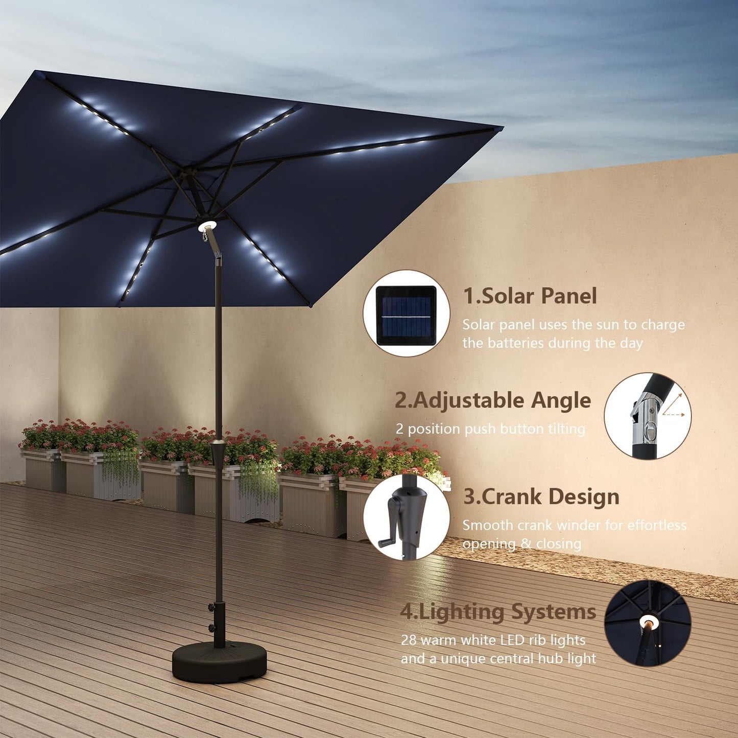 C-Hopetree 6.5 x 10 ft Rectangular Outdoor Patio Market Table Umbrella with Solar LED Lights, Navy Blue