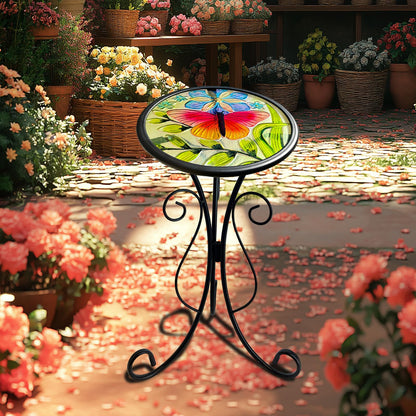 HONGLAND Outdoor Side Table, Small Outdoor Table, 12" Round Patio Side Table End Table, Glass Plant Stand, Small Bistro Coffee Table for Garden Patio Porch Living Room (Butterfly)