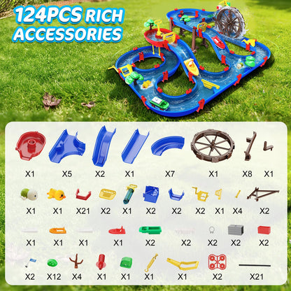 TERRAMUS 2-Tier Kids Watermill Water Table Toys, 124PCS Water Park Playset with Pump, Waterwheel, Summer Outdoor Water Toys Waterways for Backyard,Lawn,Beach,Pool,Gifts for Boys Girls Toddlers 3-5 4-8