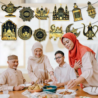 Large 11"x14" Eid Mubarak Cutouts Decorations Cardboard Cutout Set of 12, Ramadan Cutouts Wall Door Windows Decor, Muslim Islamic Mosque Castle Paper Cut Outs Decoration (Black Gold)