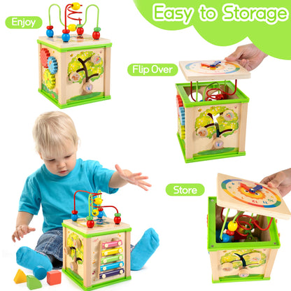 WOODMAM Wooden 7-in-1 Activity Cube| Montessori Toys for 1 Year Old Toddlers| Baby Educational Developmental Toys |One Year Old Boys Girls First Birthday Gifts |Bonus Sorting & Stacking Board