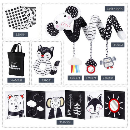 Joyreal High Contrast Baby Toys for Newborn, Black and White Baby Sensory Toys with Car Seat Toys,Infant Toys with Black White Cards Book, Montessori Toys for Baby Gifts (Elephant Theme)