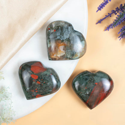 Crocon 50mm African Bloodstone Heart Stone Big Heart Shape Puff Stones Set 450+ Carats Pocket Crystal Healing Tumble Collection Palm Worry Stone Good Luck Charm Meditation Gift Craft Home Decor