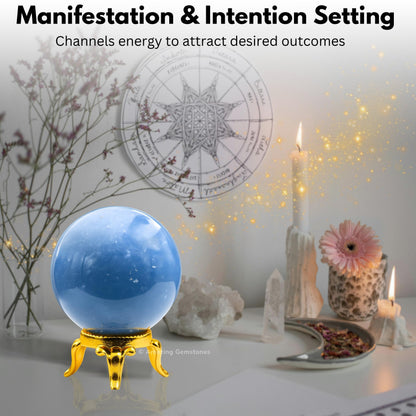 Amazing Gemstone Angelite Crystal Ball with Stand - 2" Inches Crystal Sphere Meditation Balls for Witchcraft and Decorative Balls