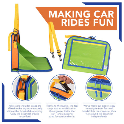 Car Organizer Back Seat for Kids & Tablet Holder for Car with Kick Mats & Lap Tray – Car Accessories Interior Must Have Road Trip Essentials (Age 3+) – Fold Away Tray with Car Seat Pocket Holders