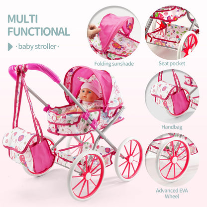 Baby Doll Stroller Toys Set W/ 13'' Baby Doll, Doll's Bed, Dining Chair, 26 PCS Doll Accessories & 2 Set Clothes, Baby Stroller Toys for 3 4 5 Year Old Girl Birthday Gift, Pretend Playset for Toddler