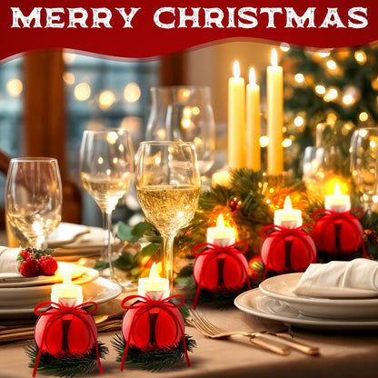 Suncalla 6 Pcs Red Christmas Tealight Candle Holder Christmas Dinner Table Decorations Ball Candlestick Holder with Bow and Wreath for Party Indoor Decorations