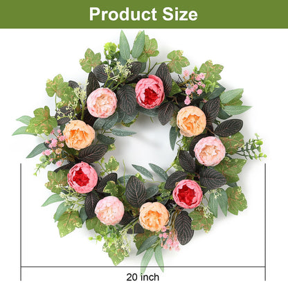 20" Peony Wreath for Front Door – Spring Summer Artificial Pink Peony Floral Wreath for Wall, Window, and Wedding Decor