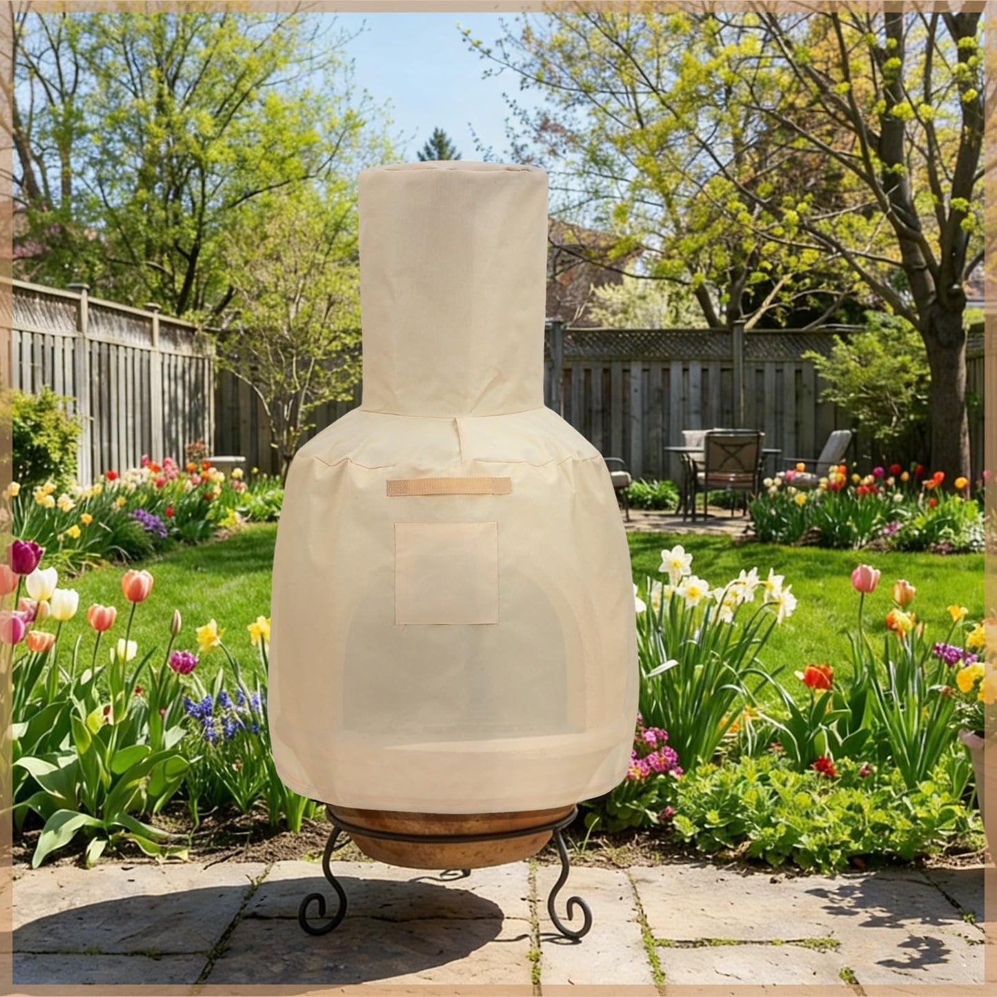 Yoojahow Chiminea Cover Outdoor Waterproof 600D Polyester Fire Pit Cover with Drawstring Weather-proof Heavy Duty Patio Chiminea Caps Outdoor Furniture Protection Defender(Brown)